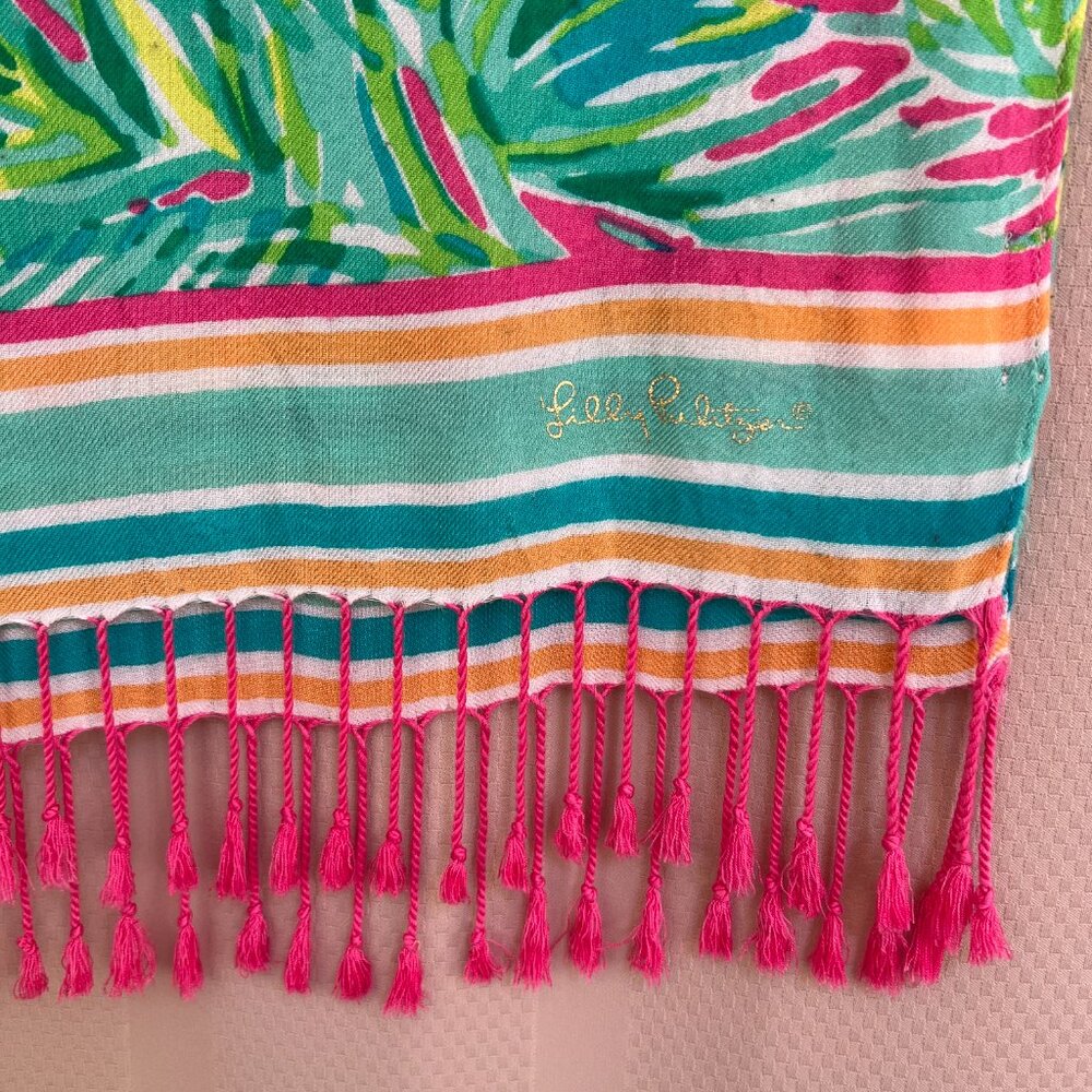 Lilly Pulitzer Palm Leaf  Scarf-Wrap-Swim Cover-Up Multi Color Fringe - Picture 2 of 15